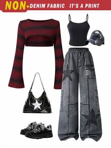 SHEIN Teen Girls Burgundy Plaid Fitted Crop Top With Flare Long Sleeve Everyday Casual T-Shirt Co-Ords - Burgundy - View 1