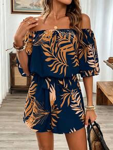Breezaya Hawaiian Style Ruffled Off-Shoulder Romper - Multicolor - View 6