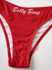 Betty Boop x SHEIN 女士豹纹卡通人物印花露背比基尼套装，配同款豹纹半身裙 - 紅色 - 查看 3