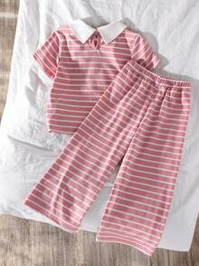 SHEIN Elladie kids Casuvi Kids 女童两件套：针织爱心印花条纹短袖 Polo 领 T 恤 + 针织阔腿裤，美式休闲复古风，适合春夏日常穿着 - 粉色 - 查看 3
