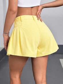 Shorts de mezclilla con pliegues de unicolor, cremallera y botón de moda para mujer - Beis - Ver 10
