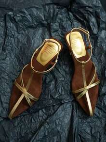2025 French Leather Pointed Toe Wedge Heel Fashionable Minimalist Elegant High Heel Sandals For Women [Approx. 3.2CM-3.6CM Toe Room After Wearing] - Gold - View 4