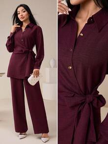 Veilorie Conjunto de 2 piezas de camisa y pantalones de unicolor casual para mujer - Burdeos - Ver 2