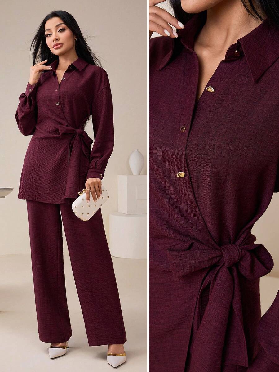 Veilorie Conjunto de 2 piezas de camisa y pantalones de unicolor casual para mujer