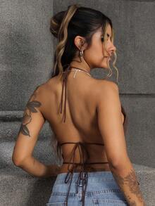 Rayane Ketlyn 女士时尚性感交叉露背吊带上衣 - 棕色 - 查看 2