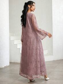 Al Najma Damen Kleid mit Strass-Schleife, Glockenärmeln, Spitze und elegantem arabischem Stil - Pink - Übersicht 3