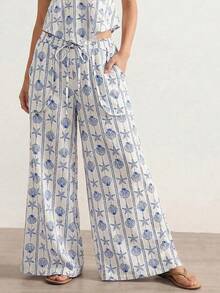 Bohemela Casual Vacation Woven Printed Halter Backless Top & Loose Wide-Leg Pants 2 Pieces Set For Women - Blue - View 4