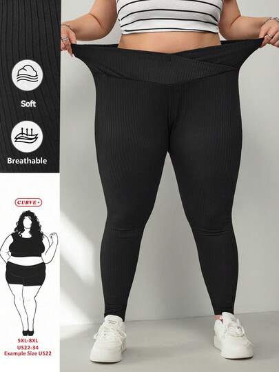 SHEIN CURVE+ 大码女式休闲运动日常通勤纯色罗纹重叠腰带舒适透气打底裤