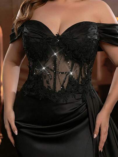 Glamrae 大码优雅奢华蕾丝亮片拼接缎面手工贴花性感开衩鱼尾裙，垂坠裙摆，适合派对、晚宴、庆典、婚礼和正式场合。