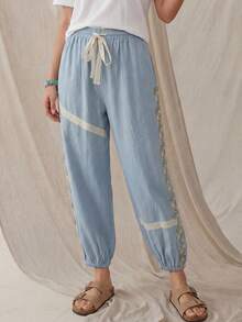 Wildy 波西米亚风休闲西部乡村蕾丝拼接女式夏季基本款通勤口袋灯笼裤 - 藍色 - 查看 6