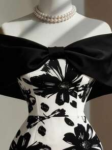 Off Shoulder Bow Contrast Color Waist Fitted Floral Print Fabric Elegant Romantic Minimalist Women Dress - Black and White - View 3