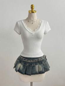 Elamini Casual Lace Patchwork Deep V-Neck Grey Slim Fit Short Sleeve T-Shirt, Spring/Summer - White - View 5