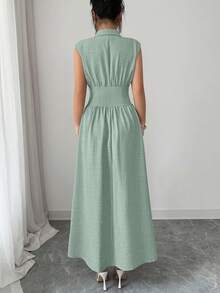SHEIN Elenzya 女士春夏翻领收腰纯色纹理面料A字长连衣裙，适合通勤、外出等场合 - 灰綠 - 查看 2