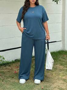 GalTyme 大码浅蓝色圆领短袖上衣和裤子休闲两件套，春夏款 - 霧霾藍 - 查看 4