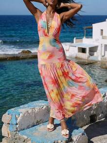 Nevyona Elegant Vacation Dress Fitted Body-Hugging Deep V-Neck Halter-Neck Sleeveless Knit Tulle Print. Spring Summer, Autumn, And Winter. For Women. Elegant Dresses. Elegant Party Dresses. Women's Summer Dresses.Vacation Dresses Floral Dress Summer Dresses For Women Travel Beach Sunbathing Women Dress Resort Wear Women Vacation Dress - Multicolor - View 1