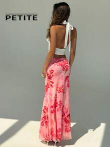 SHEIN Aloruh Petite 娇小女装夏季新款粉色优雅印花波西米亚风热带海滩度假低腰长裙 - 粉色 - 查看 4