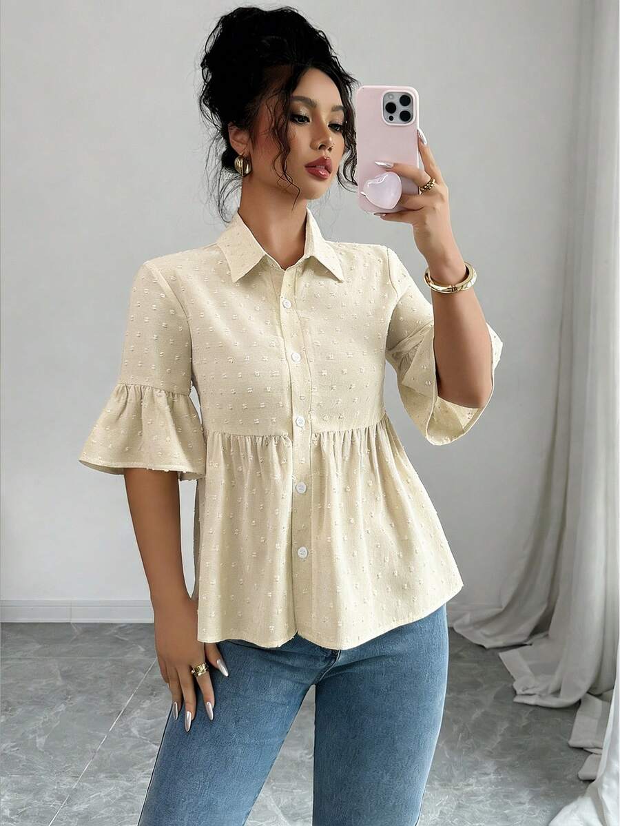 Elenzga Blusa casual de mujer con mangas con volantes de unicolor, para verano - Albaricoque - Ver 1