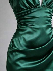 Franclia Women's Elegant Solid Satin Luxurious Spaghetti Strap Ruched Low-Cut Waist Dress - Dark Green - View 4