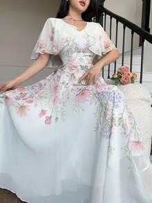 Modelyn Petite V-Neck Shawl Design Waist Cinched Flared Floral Print Chiffon Dress For Women ,Petite Women - Multicolor - View 5