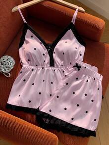 Comfortcana 2026春夏新款时尚针织吊带背心套装，包含带衬垫文胸和短裤，蕾丝边饰，适合女士夏季穿着、情人节海滩装扮、度假服饰。 - 粉色 - 查看 4