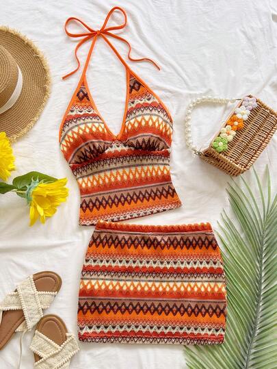 Soleia Women's 2-Piece Vacation Set: Halter Neck Floral Print Top & Skirt, Suitable For Beach & Seaside, Light Yellow & Pink