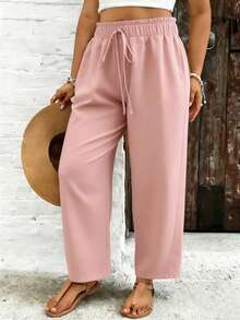 SHEIN VCAY 大码女式纯色荷叶边腰带阔腿宽松裤 - 粉色 - 查看 5