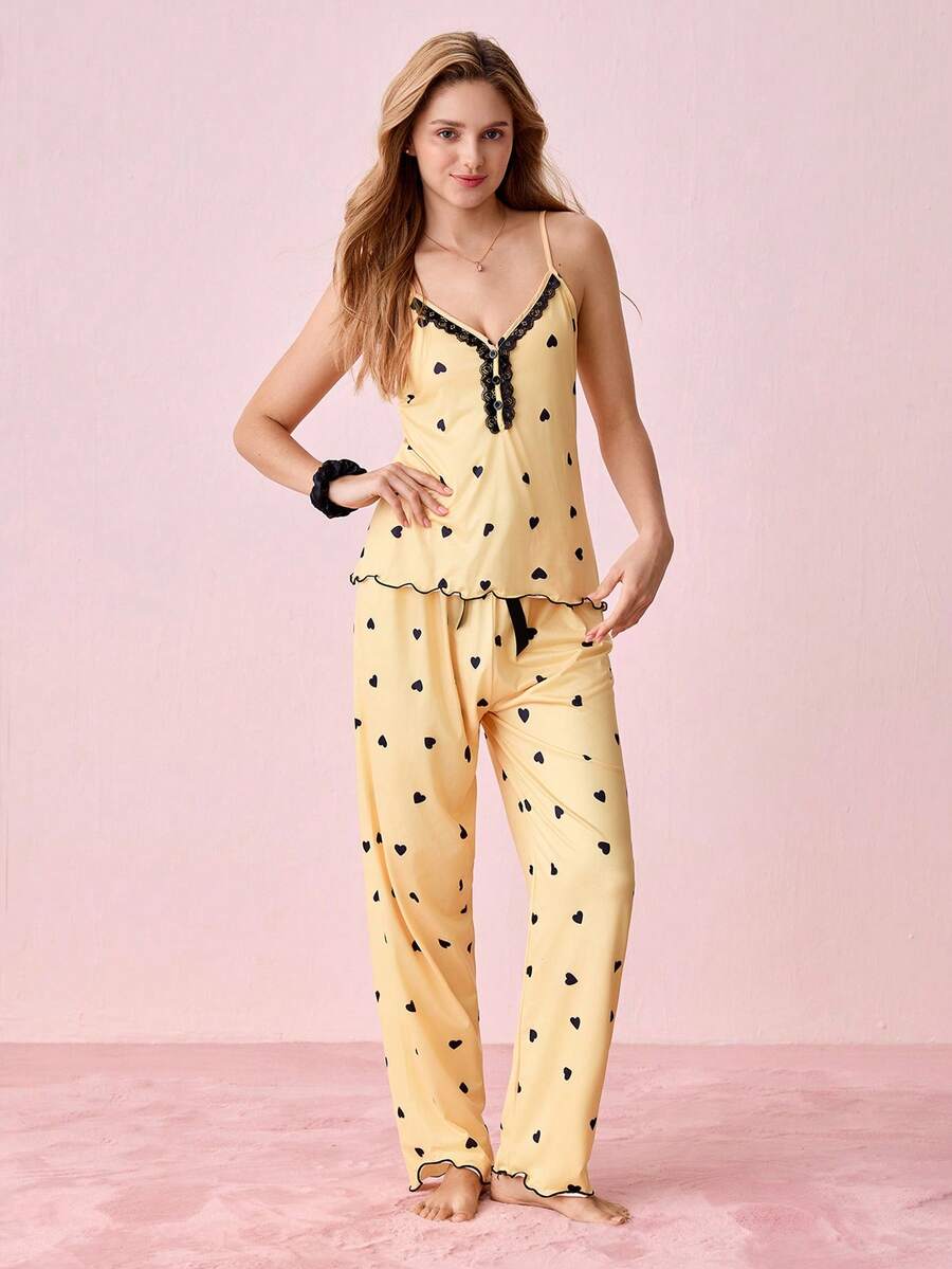Bonmuse Conjunto de Pijama con Estampado de Corazón y Ribete de Encaje / Conjunto de Pijama Lencería Nupcial para Verano - Amarillo - Ver 1