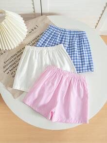 SHEIN 3件套少女梭织纯色条纹格子休闲短裤套装，三件套少女夏季短裤，少女服装，少女短裤，格子短裤，条纹短裤，柔软透气，少女弹力腰带短裤，夏季舒适日常穿着 - 彩色 - 查看 9