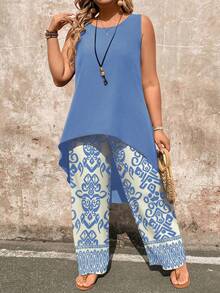 EMERY ROSE Plus Size 2 Pieces Set: Paisley Print Sleeveless Top And Wide Leg Pants - Baby Blue - View 4