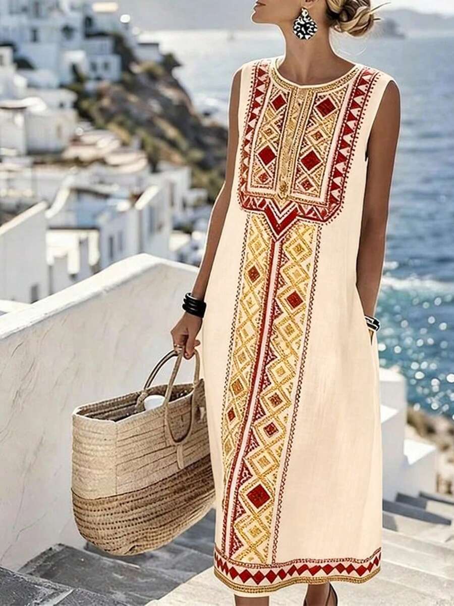 EMERY ROSE Plus-Size Women's Brown Summer Boho Vacation Holiday Dress,Fashionable Casual Minimalist Versatile Checked Round-Neck Sleeveless Maxi Dress Gym - Apricot - View 1