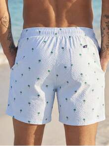VIVINTIMO Quần short đi biển mùa hè in họa tiết cây dừa sọc có dây rút cho nam, phong cách Hawaii - Màu xanh nhạt - Xem 2