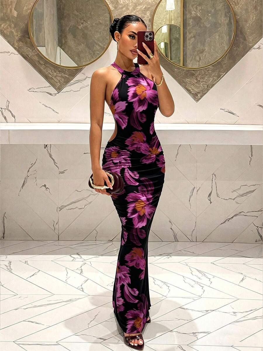 Slaydiva Đầm dài ôm dáng không tay cổ tròn hở lưng mùa Xuân/Hè mới/Thanh lịch/Dành cho kỳ nghỉ/Phong cách Boho/Thích hợp cho mặc hàng ngày/Mua sắm/Tiệc tùng/Du lịch/Trang phục sân bay/Trang phục ăn trưa/Kỳ nghỉ/Đồ đi biển/Mùa cưới/Hẹn hò/Trang phục khách dự đám cưới/Du lịch tàu biển/Phong cách người tạo ảnh hưởng thời trang/Phong cách cô nàng nóng bỏng/Sự lựa chọn của người tạo ảnh hưởng/Họa tiết hoa toàn thân - Nhiều màu - Xem 1