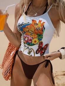 Swim Vcay Summer New Tropical Floral Print High Cut Side Tie Cute Beach Vacation Women Tank Top & Swimwear Set Crop Tops Floral Bikini Top Western Crop Tops Women Graphic Crop Tops Summer Holiday Tropical Bikini Set - Multicolor - View 1