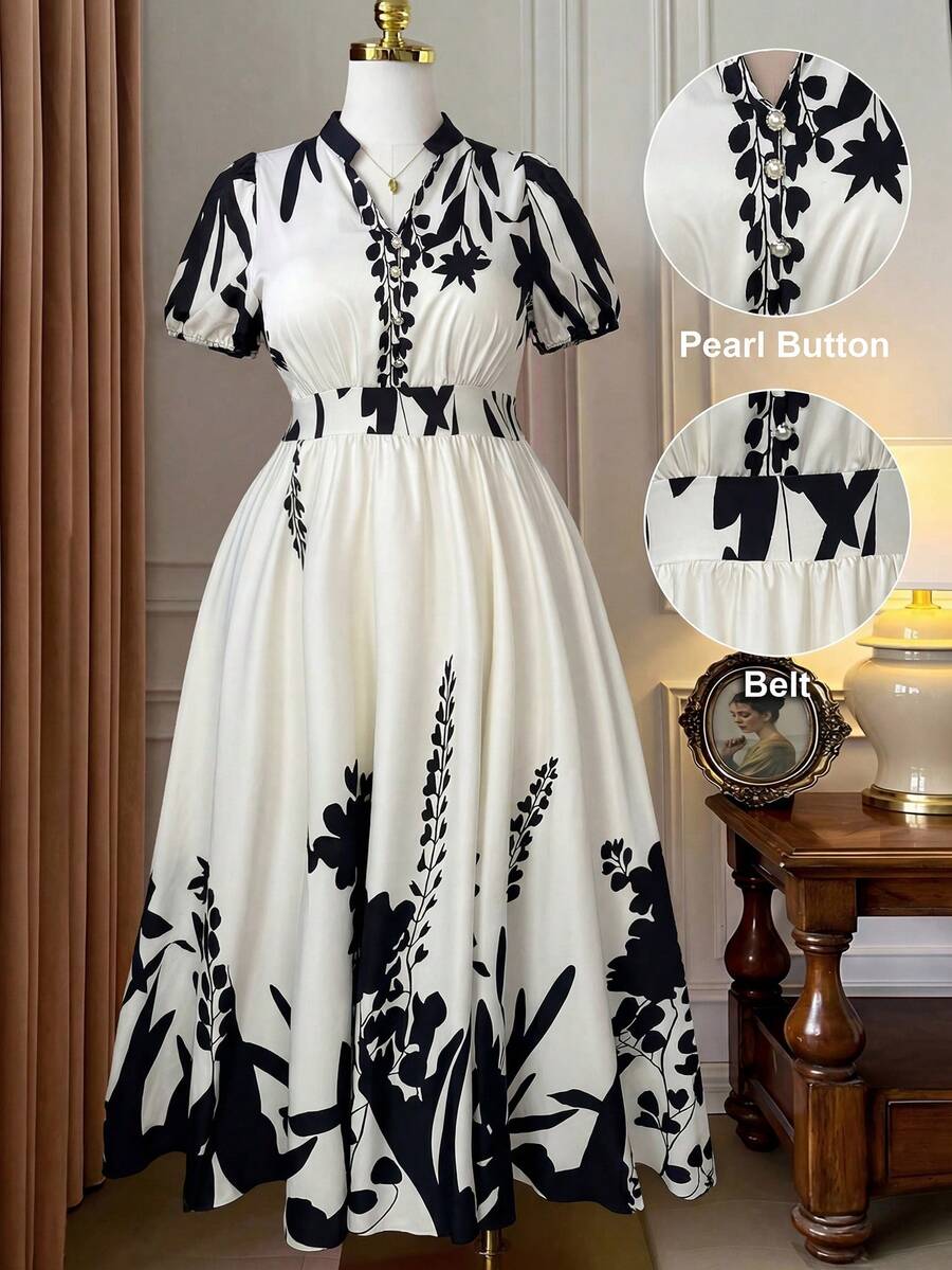 Plus Size Women Long Floral Print Mandarin Collar Petal Sleeve Vacation Dress - Apricot - View 1