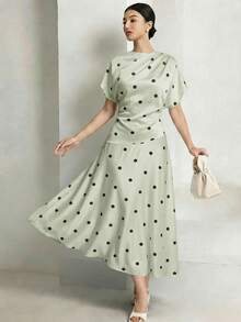 Heiryn Women's Colorblock Polka Dot Print Long Sleeve Dress - Green - View 7