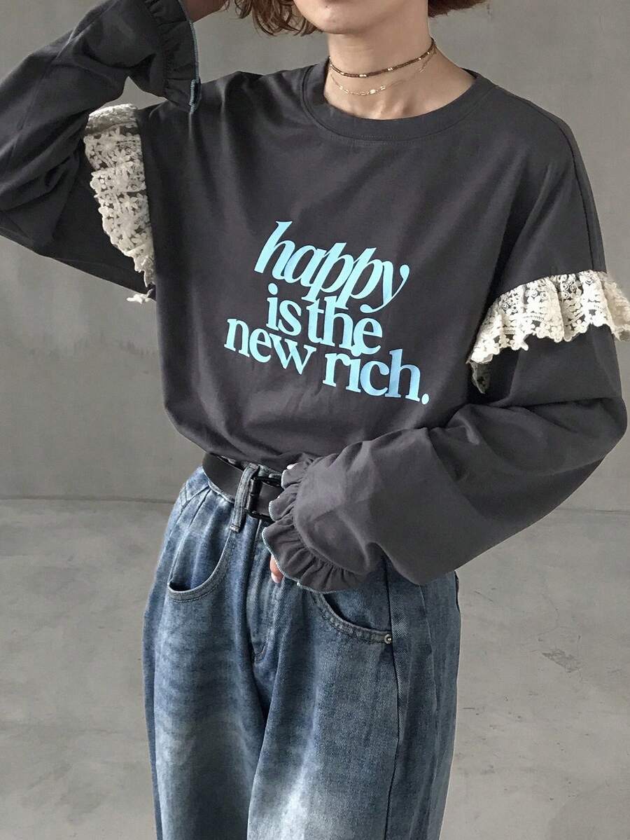 FRIFUL 女款圓領字母印花休閒基礎性感百搭日常穿著T恤圖案上衣返校高爾夫白色秋季長袖 - 灰色 - 查看 1