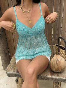 Sunnyshic 波西米亚复古浪漫性感甜美火辣千禧女孩纯粹欲望复古奢华度假休闲约会购物派对音乐节串珠刺绣透视V领蕾丝拼接绿色吊带背心，适合女性，春夏秋季 - 寶藍色 - 查看 3