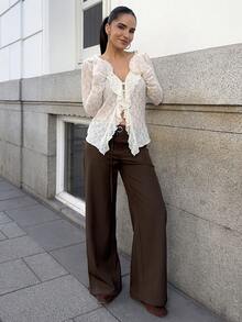 Marta Soriano 波西米亚风休闲纯色蕾丝针织荷叶边长袖女式衬衫 - 杏色 - 查看 6