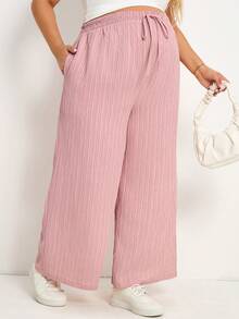 Plussiva Maternity Plus Size Textured Drawstring Waist Pocket Loose Casual Pants, Versatile Daily Wear - Pink - View 5