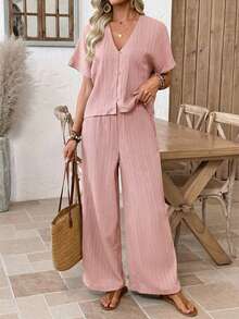 EMERY ROSE Bộ đồ nữ đơn sắc tối giản gồm áo tay ngắn và quần ngắn tay, 2 món. - Hồng - Xem 8