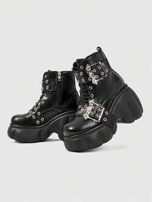 ROMWE Grunge Punk Giày sandal cao gót nữ 2026, bốt cao gót siêu nhỏ, bốt cưỡi ngựa nữ mùa xuân và mùa thu, bốt cao gót kiểu tàu hỏa, bốt da PU chống thấm nước, bốt ngắn có khóa thắt lưng màu tối. - màu đen - Xem 5