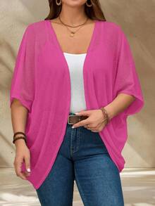 SHEIN CURVE+ Curve Plus Size Vacation Solid Color Asymmetric Hem Batwing Sleeve Casual Jacket,Spring/Summer In Fall/Winter - Hot Pink - View 2
