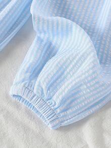 SHEIN Vintaside Kids 女婴纯色罗纹圆领荷叶袖T恤和图案长裤两件套，女婴服装，女婴套装，女婴上衣，适合派对、度假、乡村风格、夏季穿着 - 藍色 - 查看 9