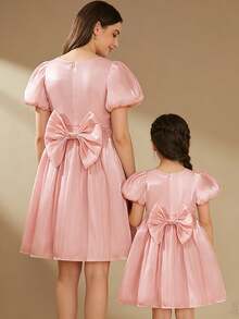 SHEIN Glamorique Kids 年轻女孩优雅蝴蝶结装饰连衣裙 - 粉色 - 查看 3