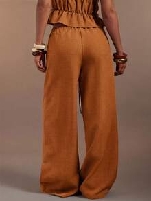 Hauture Pantalones largos de lino de pierna ancha y estilo casual sexy para mujer - Óxido marrón - Ver 3