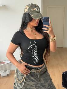 Coolane Maglietta a bustier a maniche corte con collo quadrato nera, comoda, con grafica vintage in stile Y2K punk, casual e da strada, per taglie forti, adatta per primavera/estate - nero - Visualizzare 4