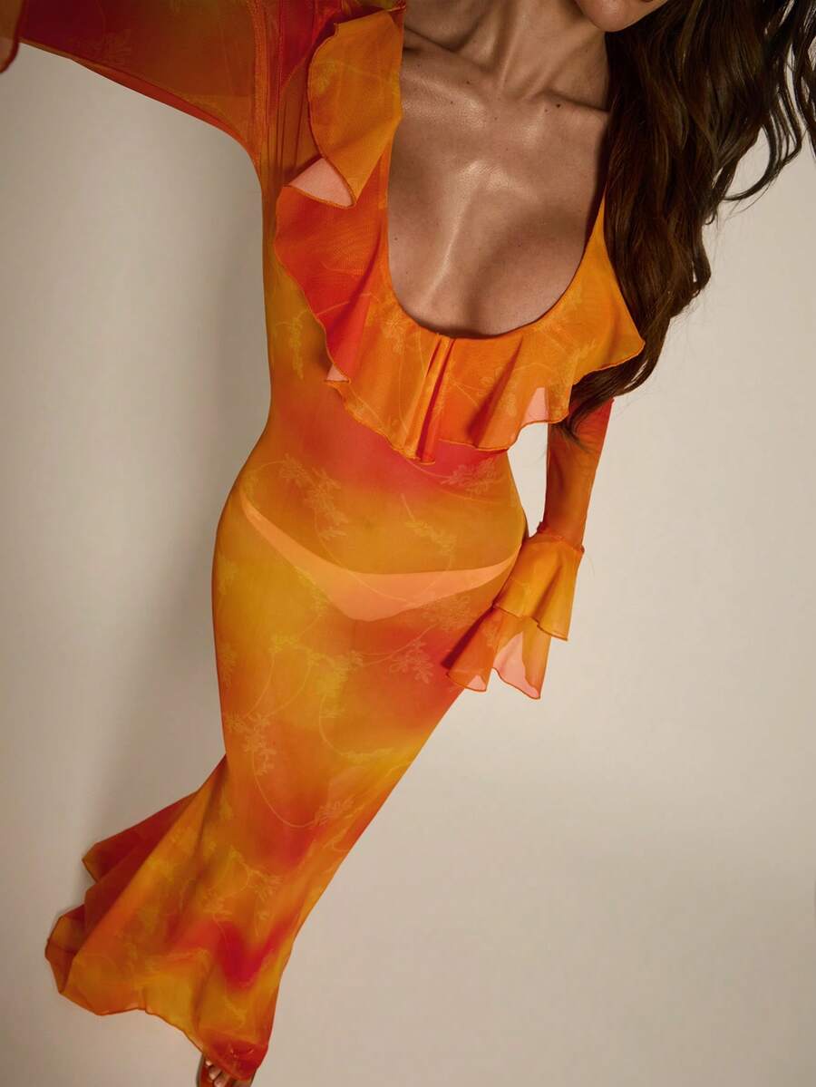 SHEIN BAE 女士金色黄色夏季70年代俱乐部夜店派对迪斯科海滩扎染印花深V领荷叶袖透视修身优雅薄纱连衣裙,嘉年华 - 橘色 - 查看 1