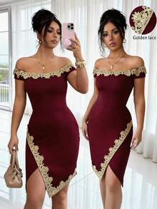 SHEIN Elenzya 优雅浪漫露肩荷叶边不对称下摆连衣裙（女款） - 酒紅色 - 查看 1