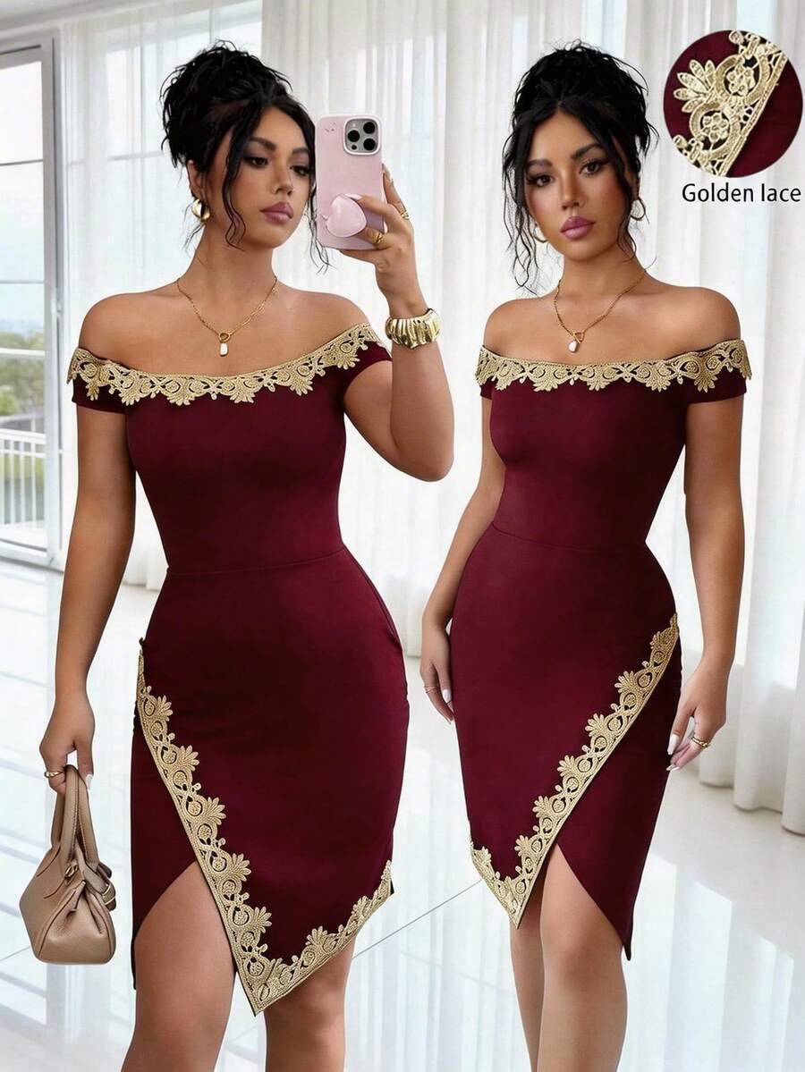 SHEIN Elenzya 优雅浪漫露肩荷叶边不对称下摆连衣裙（女款） - 酒紅色 - 查看 1