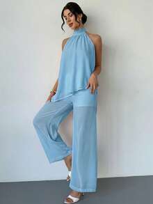 Firerie Bộ đồ nữ thanh lịch, thoải mái, màu hồng chiffon, không tay, cổ yếm, buộc dây, vạt áo lệch vai và quần ống đứng dáng rộng, mẫu mới Xuân/Hè. - Màu xanh lam - Xem 7